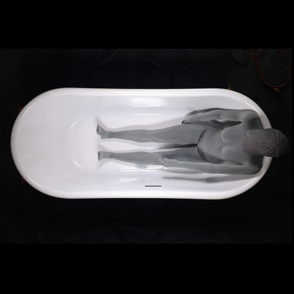 Sizing example showing a 5 foot 8 inch person in this tub