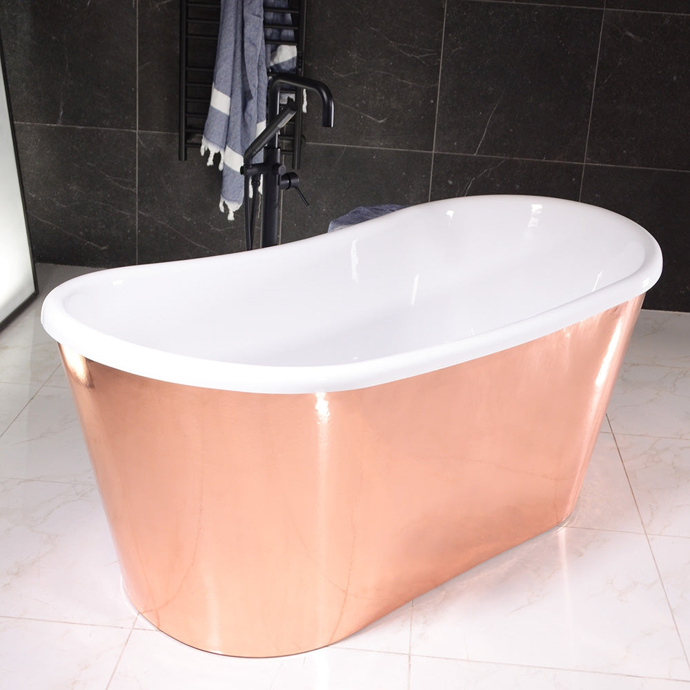 “SanSiro Toulon59PCAir” 59" x 31.5" “Warmed Air Jetted” French Bateau Tub with Mirror Polished Solid Copper Exterior