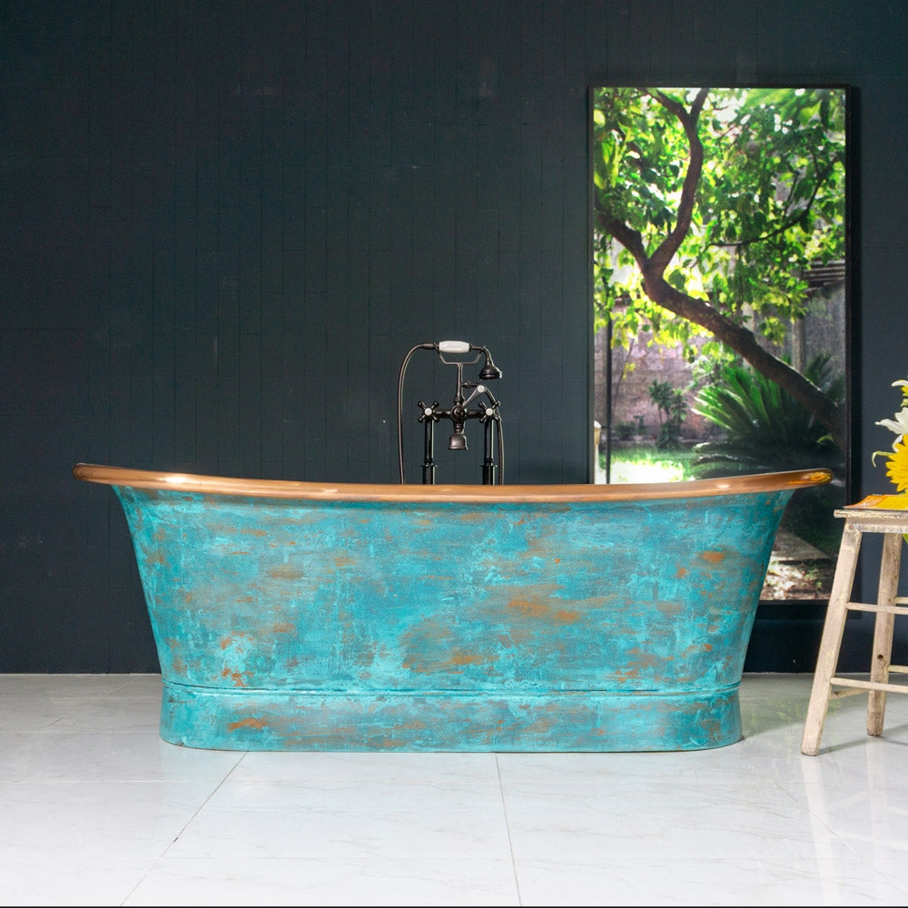 “SanSiro Cognac73VG” 73" “Warmed Air Jetted” French Bateau Pure Copper Bathtub with Aged Verdigris Exterior