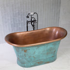 “SanSiro Cognac73VG” 73" “Warmed Air Jetted” French Bateau Pure Copper Bathtub with Aged Verdigris Exterior