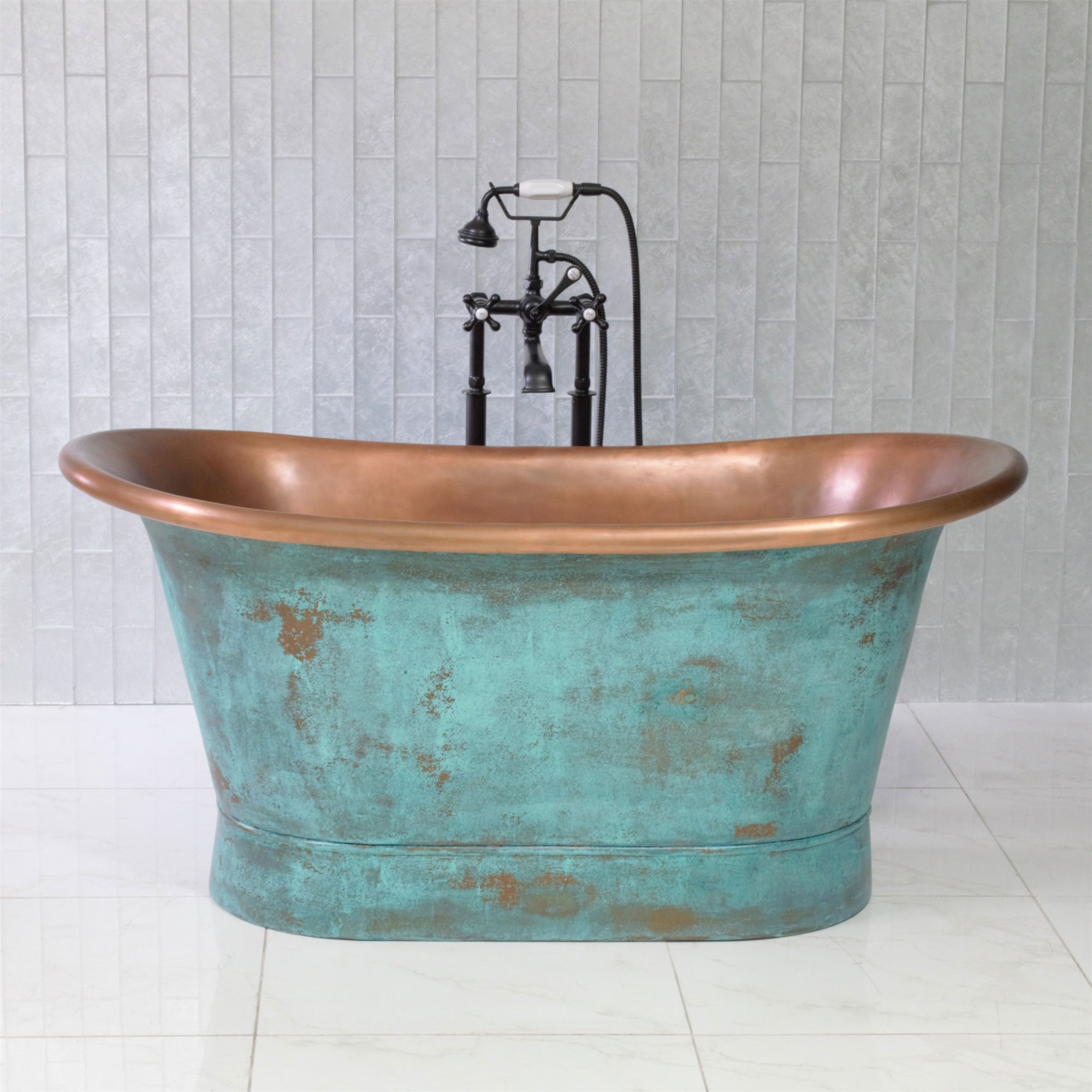 “SanSiro Cognac73VG” 73" “Warmed Air Jetted” French Bateau Pure Copper Bathtub with Aged Verdigris Exterior