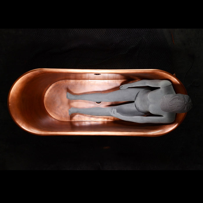 5 foot 8 inch body height comparison in “SanSiro Cognac Soaker 73LA” 73" Extra Thick Luxurious 2mm-14gge Copper Bathtub