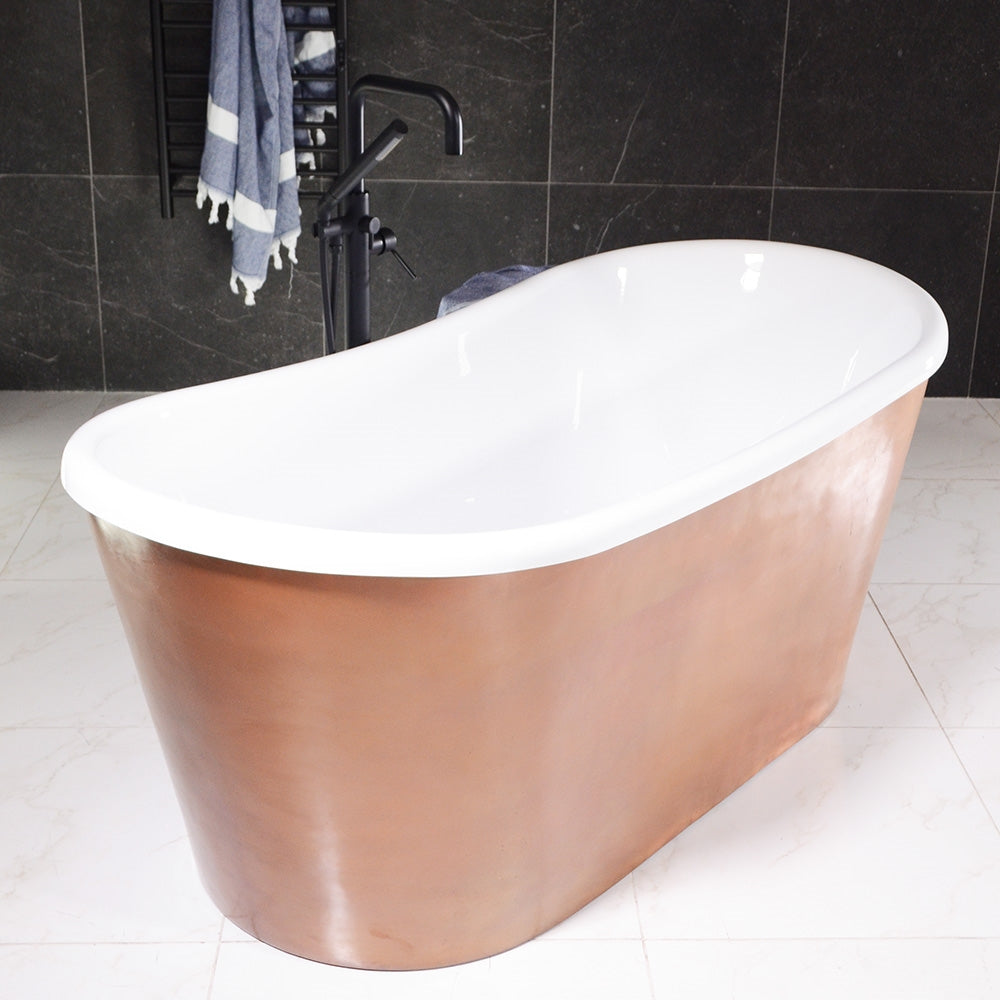 “SanSiro Toulon73HAAir” 73" x 32" “Warmed Air Jetted” French Bateau Tub Hammered Light Aged Solid Copper Exterior