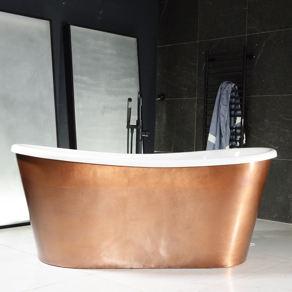 “SanSiro Toulon73HAAir” 73" x 32" “Warmed Air Jetted” French Bateau Tub Hammered Light Aged Solid Copper Exterior