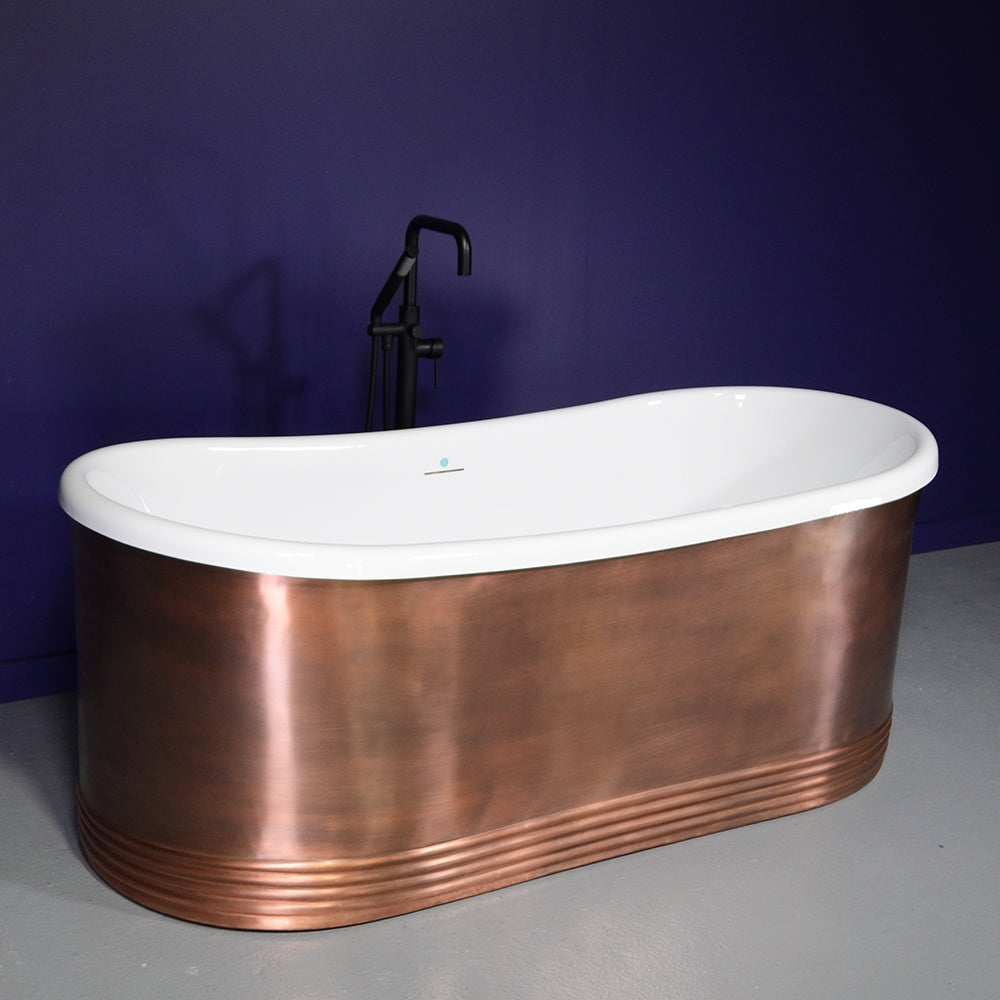 “SanSiro AquitaineA59LA Heated Air Jetted” 59" French BateauTub with a Lightly Aged Solid Copper Shell Exterior and Thick CoreAcryl Acrylic Interior