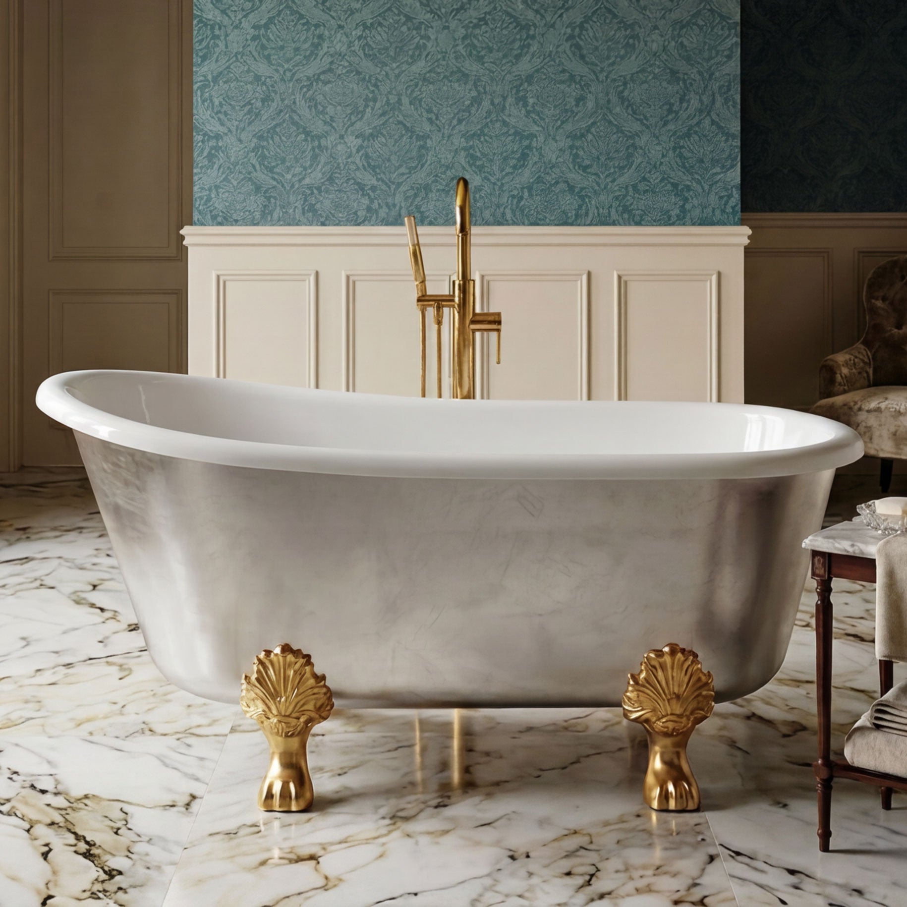 Athena58USLCL silver leafed clawfoot bathtub set in a luxurious bathroom with marble flooring, blue damask wallpaper, and a gold faucet.