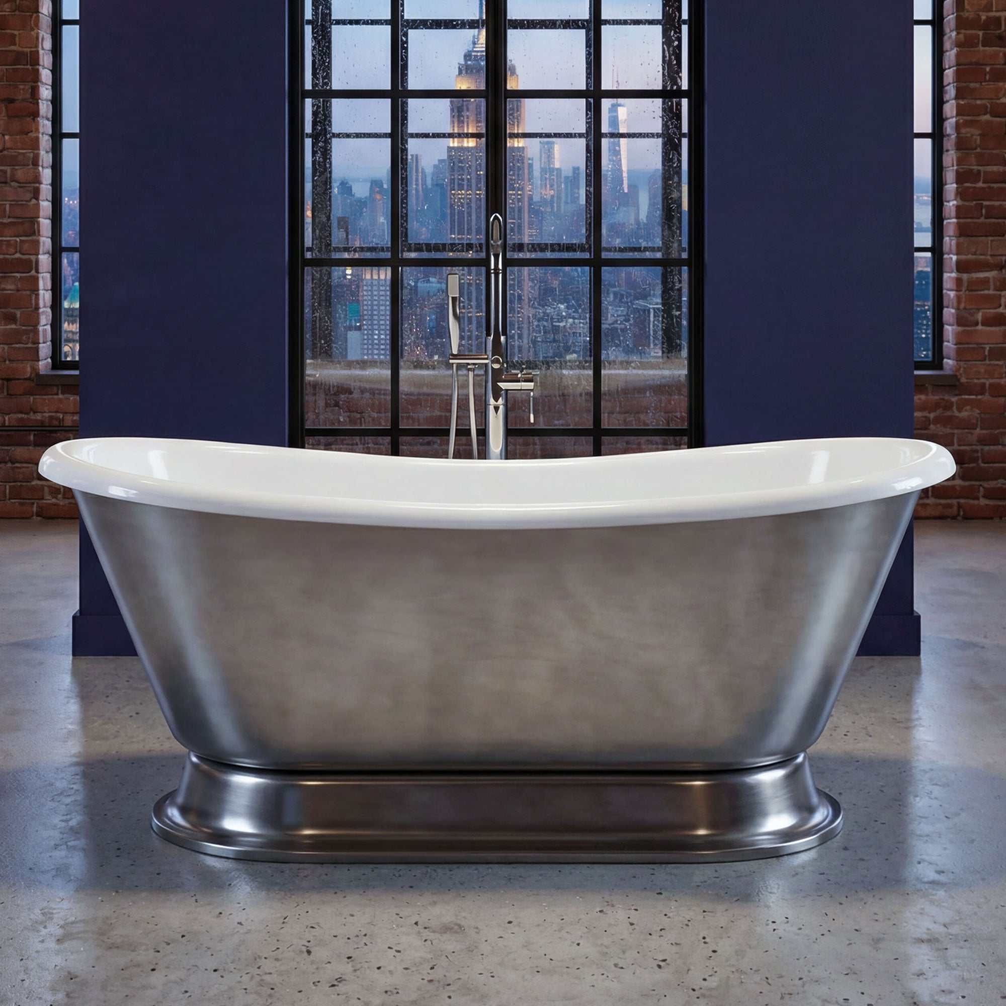 “Calypso-ACHPD59” 59 Inch White CoreAcryl Acrylic French Bateau Pedestal Tub with Aged Chrome Exterior Finish
