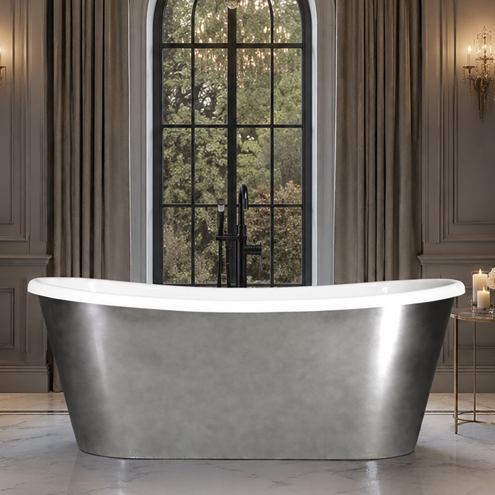 “LuxWide Calypso-SK73” 73" x 32.5"  French Bateau Skirted Bathtub with “Aged  Chrome” Exterior Finish