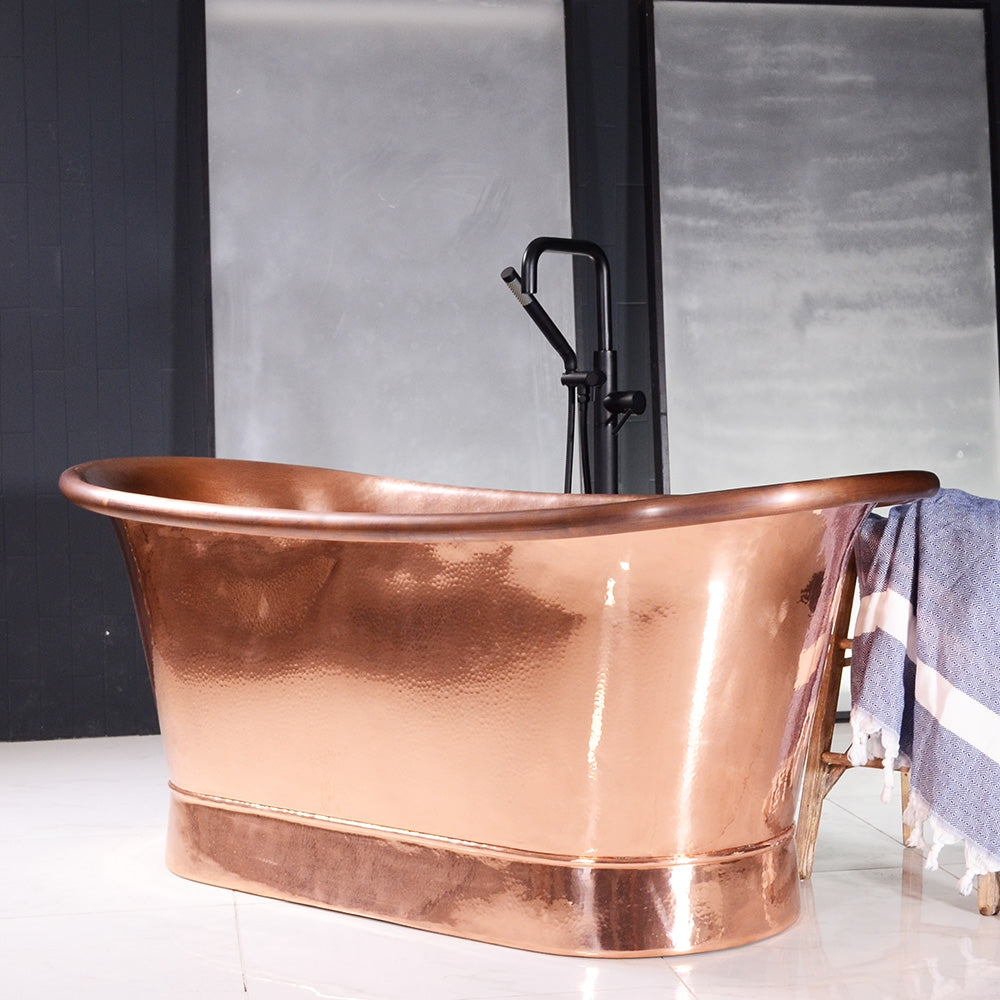 “SanSiro Colmar67HPCAir” 67" Variable Speed Air Jetted Hammered Copper French Bateau Bathtub with Ozone Sanitizing