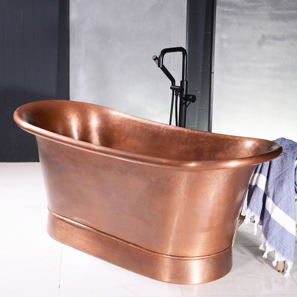 “SanSiro Colmar73HLAAir” 73" Variable Speed Air Jetted Hammered Lightly Aged Copper French Bateau Bathtub