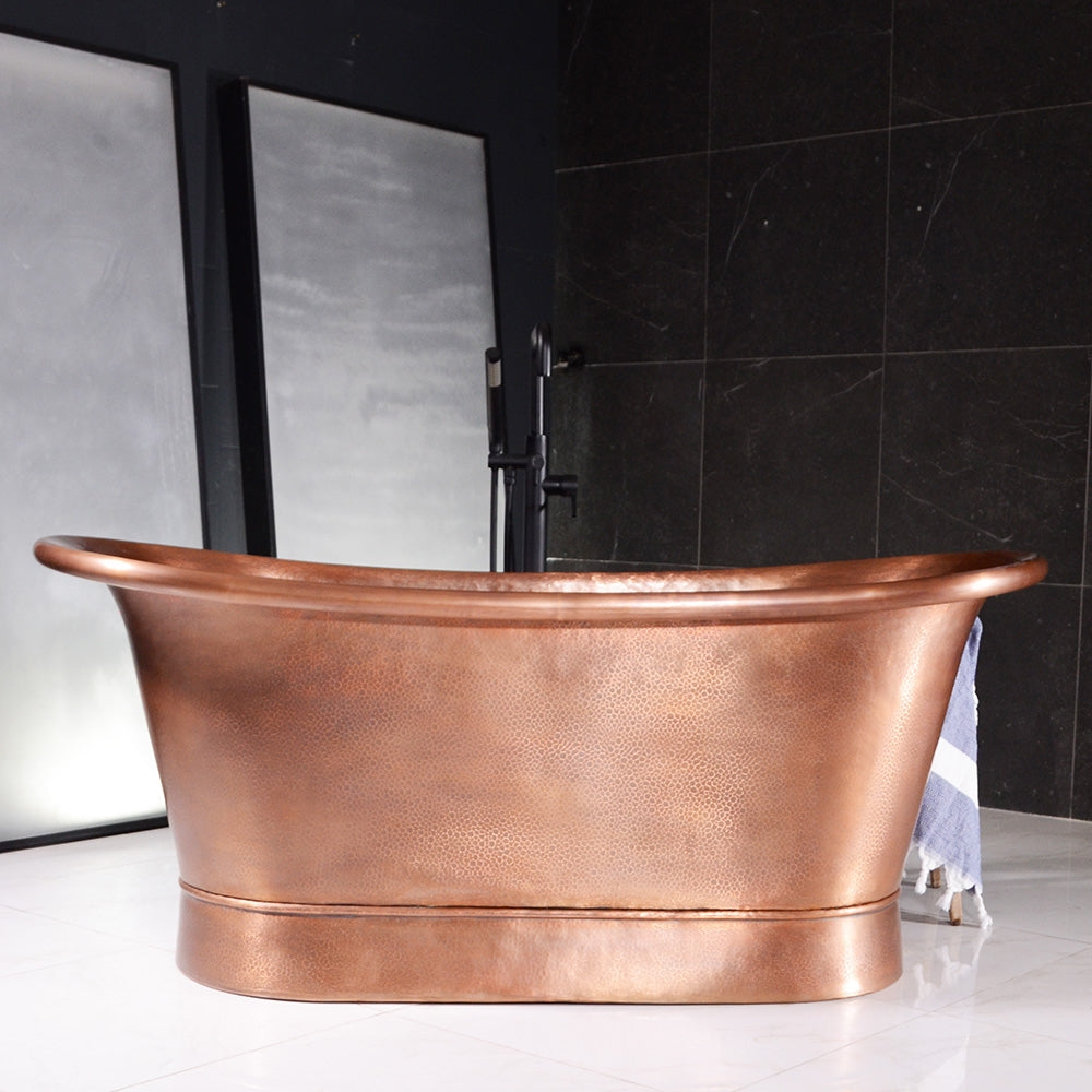 “SanSiro Colmar73HLAAir” 73" Variable Speed Air Jetted Hammered Lightly Aged Copper French Bateau Bathtub