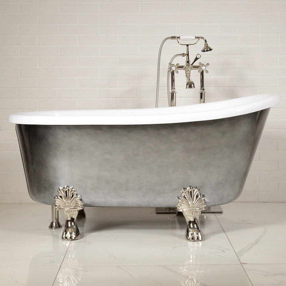 “LuxWide Calypso Athena-ACHCL58” 58 Inch White CoreAcryl Acrylic Swedish Slipper Clawfoot Tub “Aged Chrome” Exterior