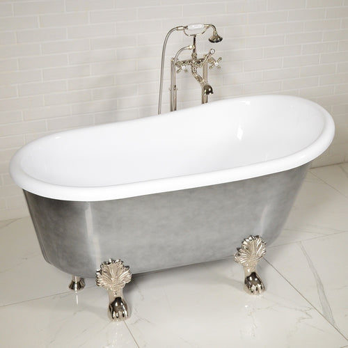 “Calypso Athena-ACHCL58” 58 Inch White CoreAcryl Acrylic Swedish Slipper Clawfoot Tub “Aged Chrome” Exterior