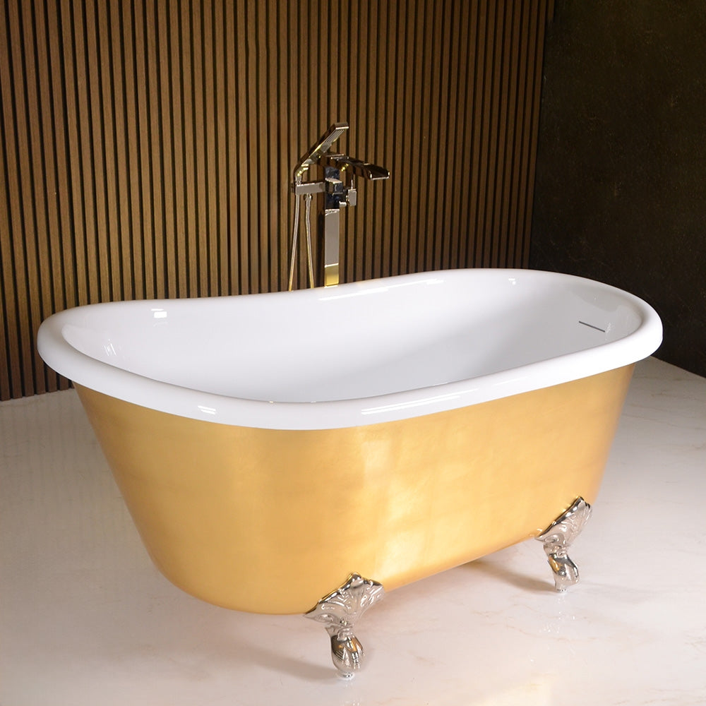 “LuxWide Calypso Athena-UGLCL58” 58 Inch White CoreAcryl Acrylic Swedish Slipper Clawfoot Tub “Umber Washed Gold Leaf” Exterior