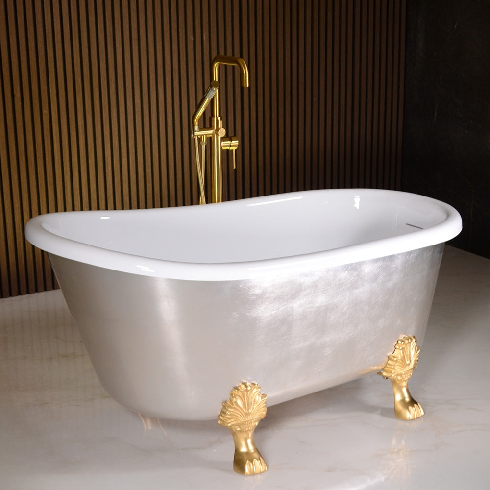 “LuxWide Calypso Athena-USLCL54” 54 Inch White CoreAcryl Acrylic Swedish Slipper Clawfoot Tub “Umber Washed Silver Leaf” Exterior