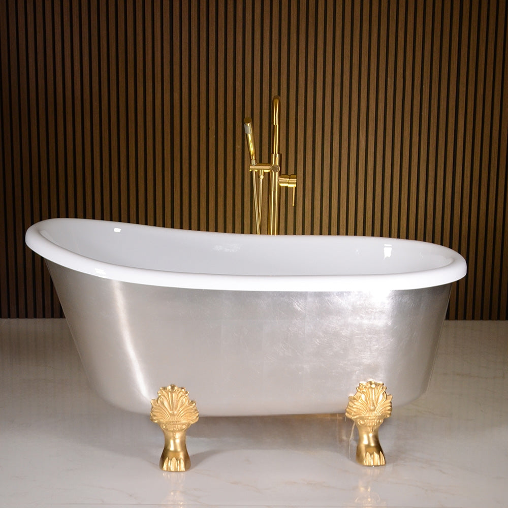 “LuxWide Calypso Athena-USLCL58” 58 Inch White CoreAcryl Acrylic Swedish Slipper Clawfoot Tub “Umber Washed Silver Leaf” Exterior