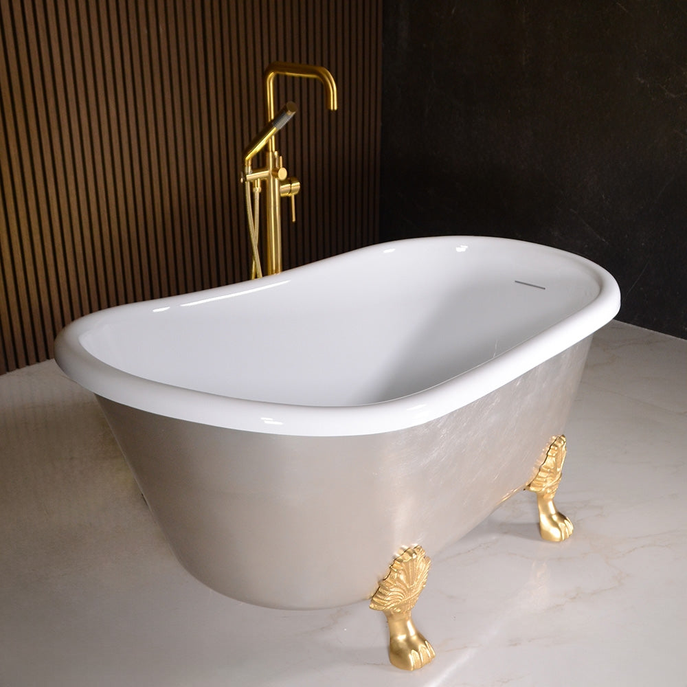 “LuxWide Calypso Athena-USLCL58” 58 Inch White CoreAcryl Acrylic Swedish Slipper Clawfoot Tub “Umber Washed Silver Leaf” Exterior