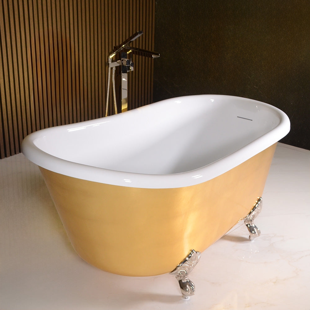 “LuxWide Calypso Athena-UGLCL54” 54 Inch White CoreAcryl Acrylic Swedish Slipper Clawfoot Tub “Umber Washed Gold Leaf” Exterior