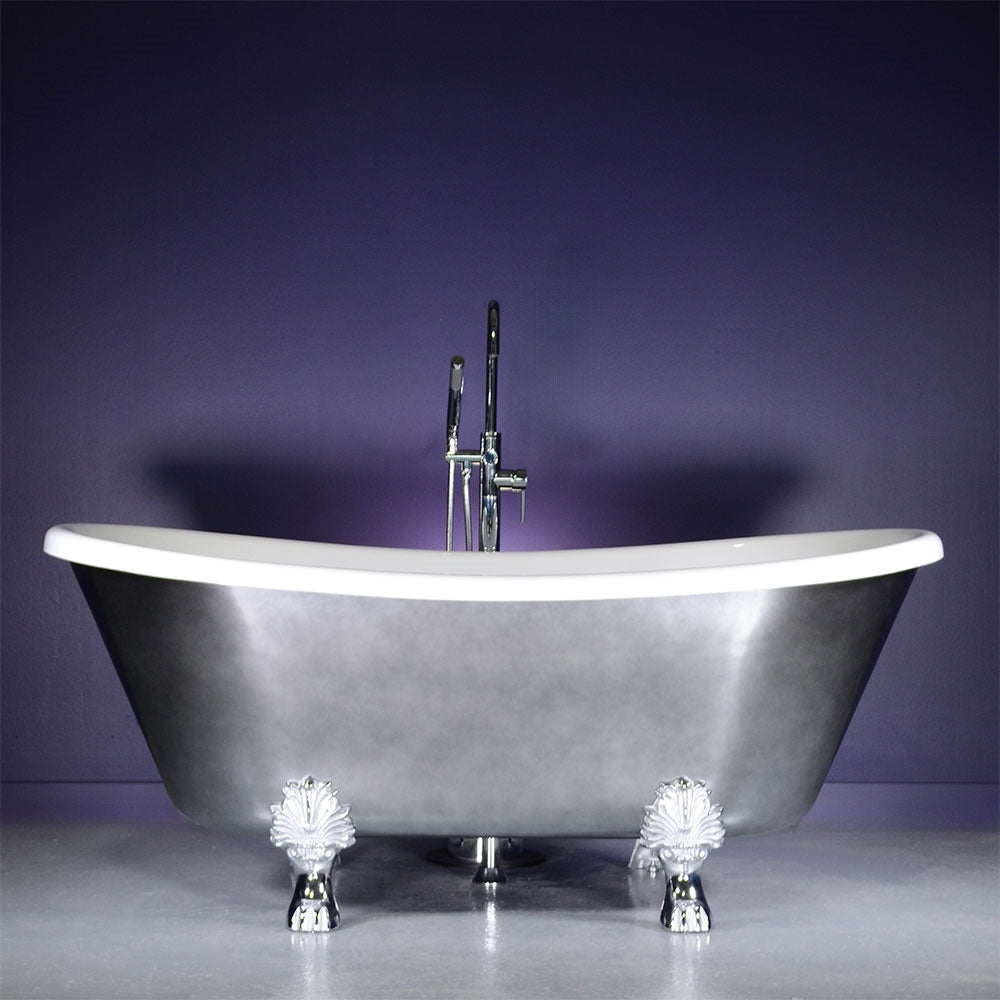 “LuxWide Calypso-BTClawACH59” 59 Inch White CoreAcryl Acrylic French Bateau Clawfoot Tub “Aged Chrome - Pewter Tone” Exterior