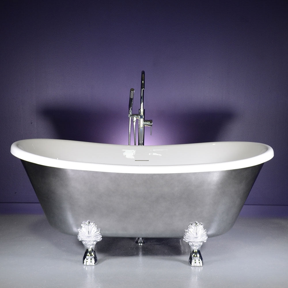 “LuxWide Calypso-BTClawACH59” 59 Inch White CoreAcryl Acrylic French Bateau Clawfoot Tub “Aged Chrome - Pewter Tone” Exterior