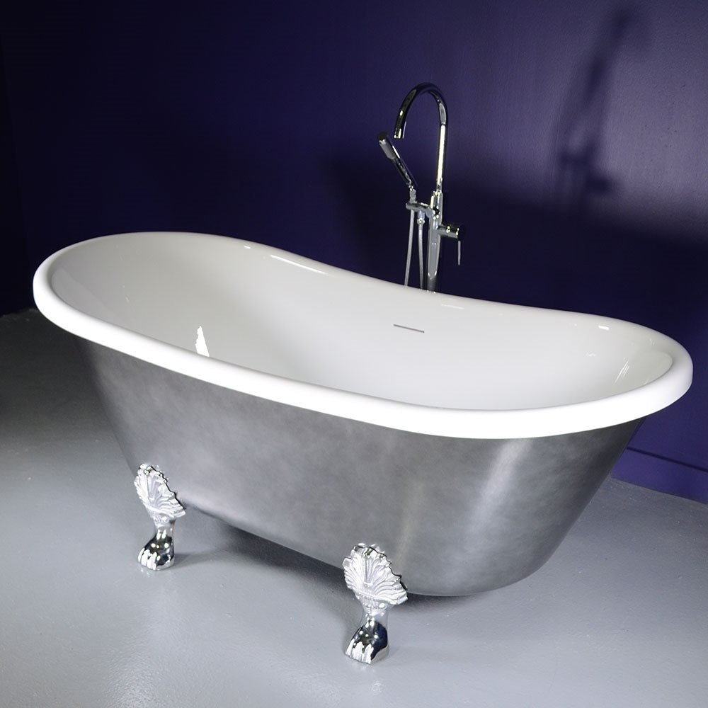 “LuxWide Calypso-BTClawACH59” 59 Inch White CoreAcryl Acrylic French Bateau Clawfoot Tub “Aged Chrome - Pewter Tone” Exterior