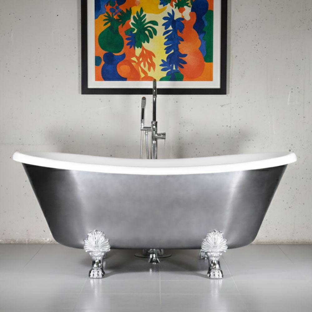 “LuxWide Calypso-BTClawACH67” 67 Inch White CoreAcryl Acrylic French Bateau Clawfoot Tub “Aged Chrome - Pewter Tone” Exterior