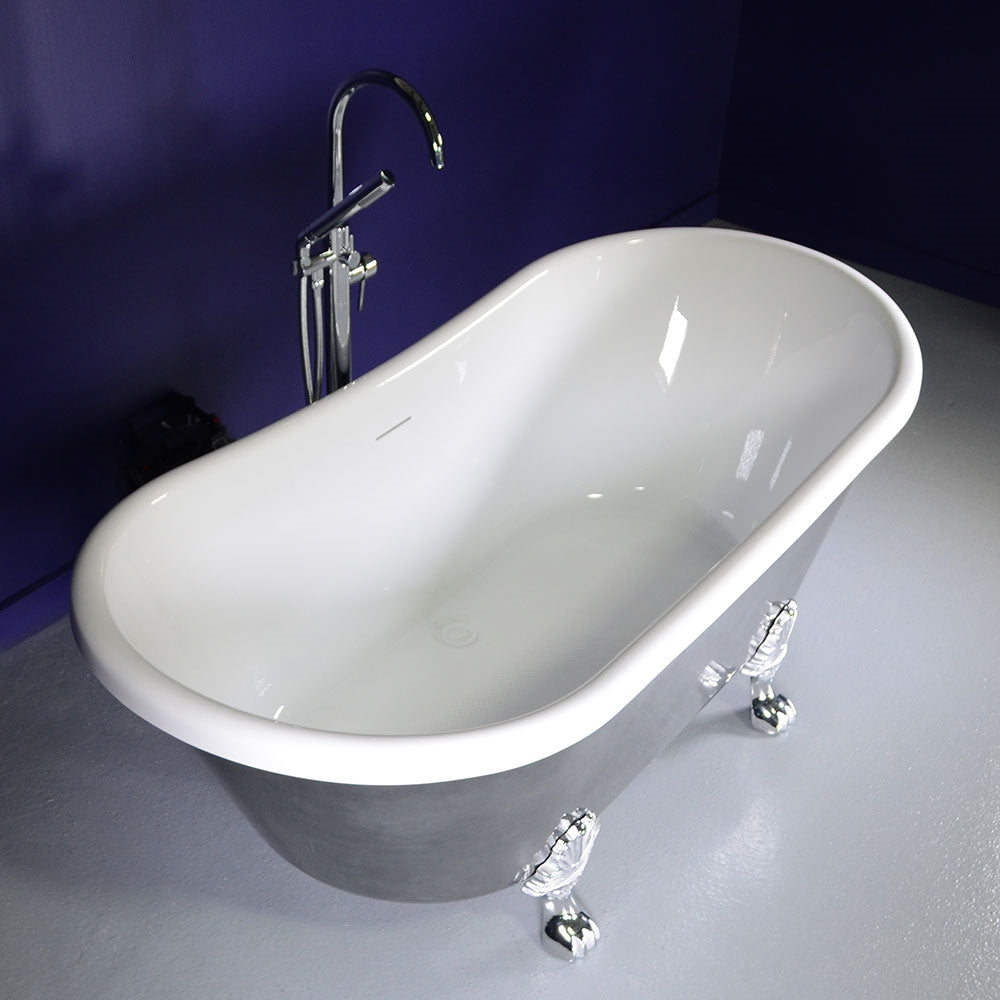 “LuxWide Calypso-BTClawACH67” 67 Inch White CoreAcryl Acrylic French Bateau Clawfoot Tub “Aged Chrome - Pewter Tone” Exterior