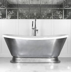 “Calypso-ACHPD59” 59 Inch White CoreAcryl Acrylic French Bateau Pedestal Tub with “Aged Chrome - Pewter Tone” Exterior Finish