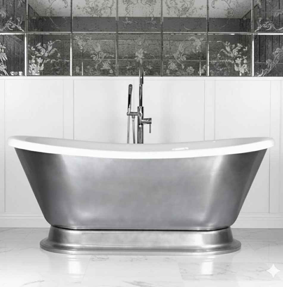 “Calypso-ACHPD59” 59 Inch White CoreAcryl Acrylic French Bateau Pedestal Tub with “Aged Chrome - Pewter Tone” Exterior Finish
