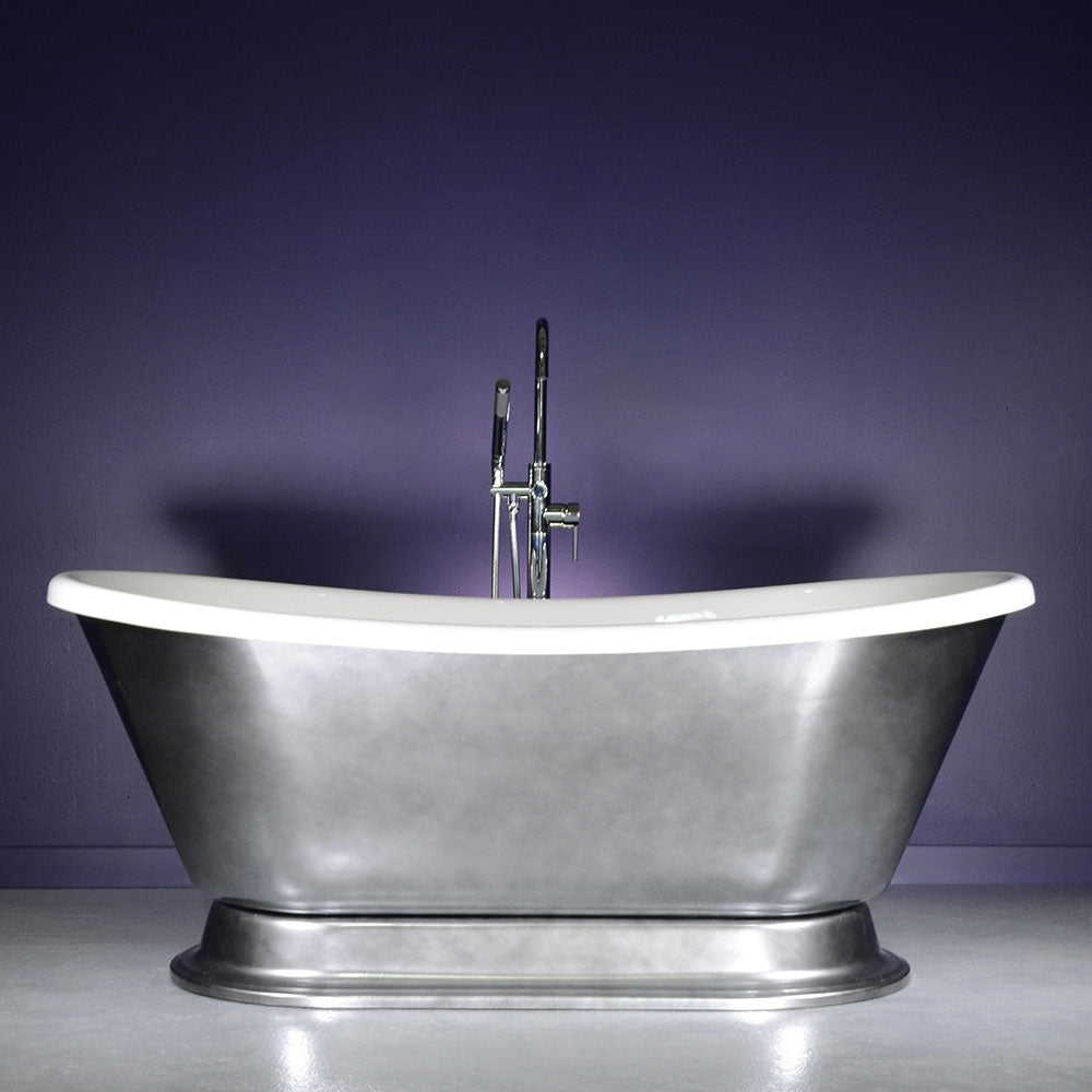 “Calypso-ACHPD59” 59 Inch White CoreAcryl Acrylic French Bateau Pedestal Tub with “Aged Chrome - Pewter Tone” Exterior Finish