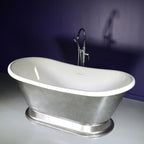 “Calypso-ACHPD59” 59 Inch White CoreAcryl Acrylic French Bateau Pedestal Tub with “Aged Chrome - Pewter Tone” Exterior Finish