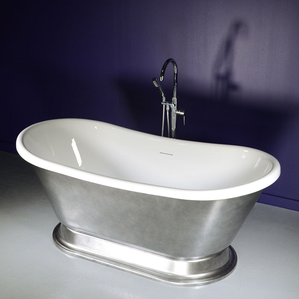 “Calypso-ACHPD59” 59 Inch White CoreAcryl Acrylic French Bateau Pedestal Tub with “Aged Chrome - Pewter Tone” Exterior Finish
