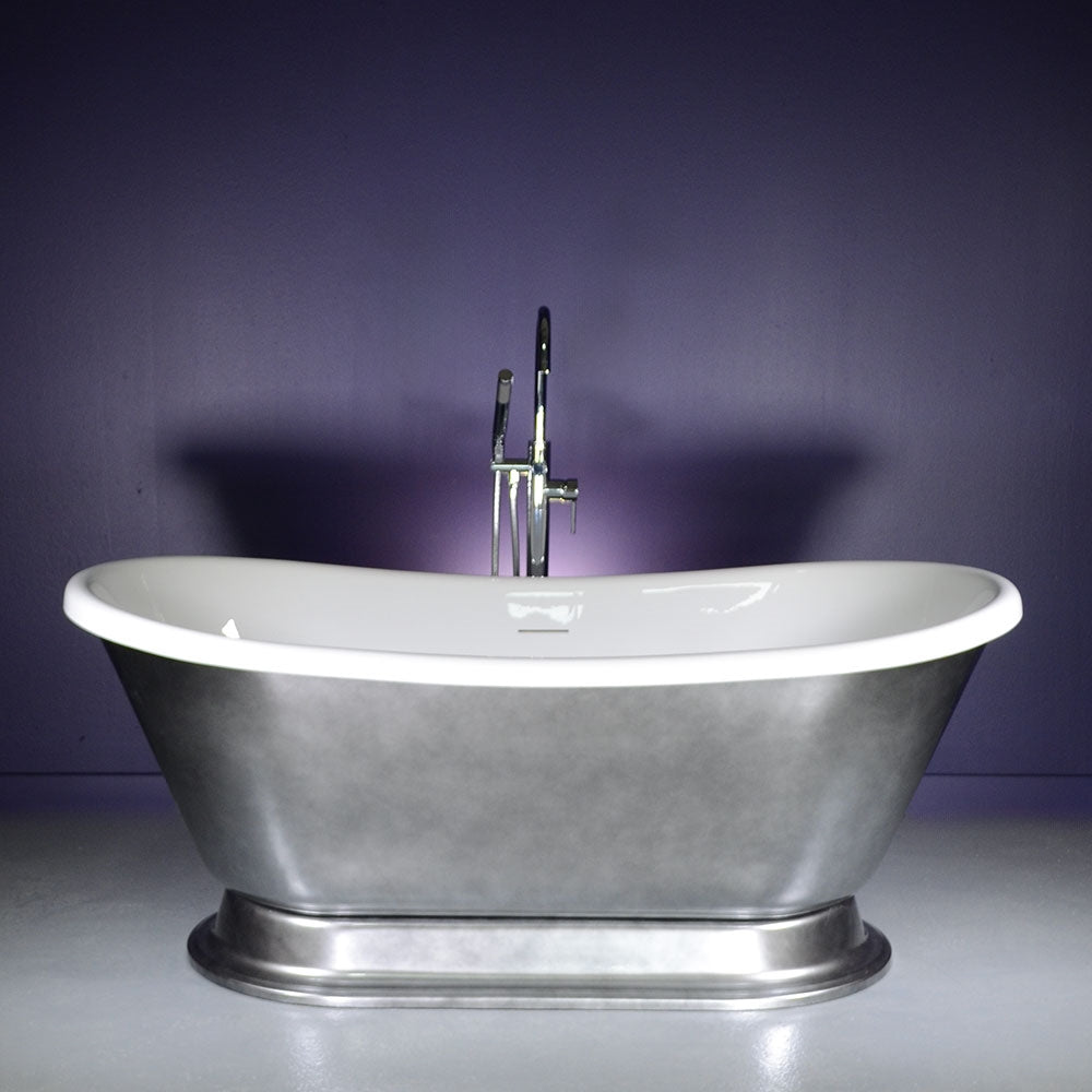 “Calypso-ACHPD59” 59 Inch White CoreAcryl Acrylic French Bateau Pedestal Tub with “Aged Chrome - Pewter Tone” Exterior Finish