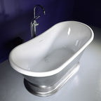 “Calypso-ACHPD59” 59 Inch White CoreAcryl Acrylic French Bateau Pedestal Tub with “Aged Chrome - Pewter Tone” Exterior Finish