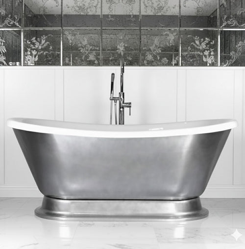 “Calypso-ACHPD73” 73 Inch White CoreAcryl Acrylic French Bateau Pedestal Tub with Aged Chrome Exterior Finish