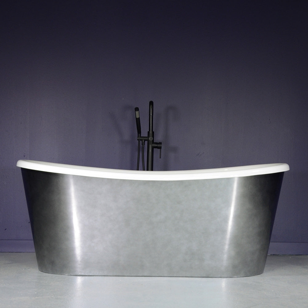 “LuxWide Calypso-SK59” 59" x 31.5"  French Bateau Skirted Bathtub with “Aged Chrome” Exterior Finish