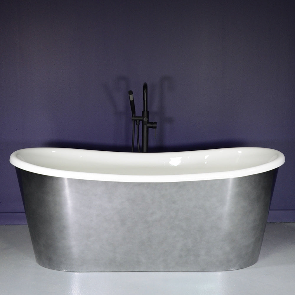 “LuxWide Calypso-SK59” 59" x 31.5"  French Bateau Skirted Bathtub with “Aged Chrome” Exterior Finish