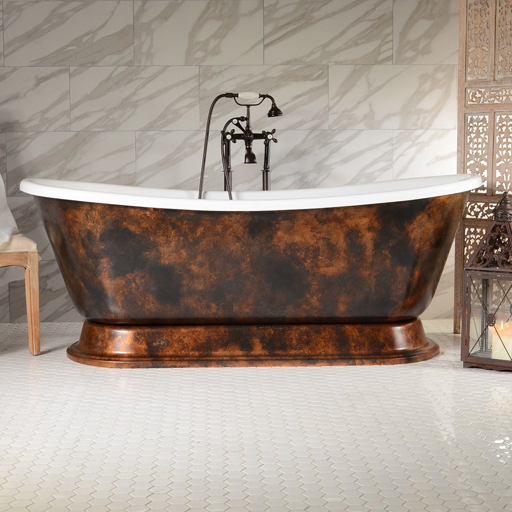 “Calypso-DACBTPD73” 73 Inch White CoreAcryl Acrylic French Bateau Pedestal Tub with “Dark Aged Copper Leaf” Exterior Finish
