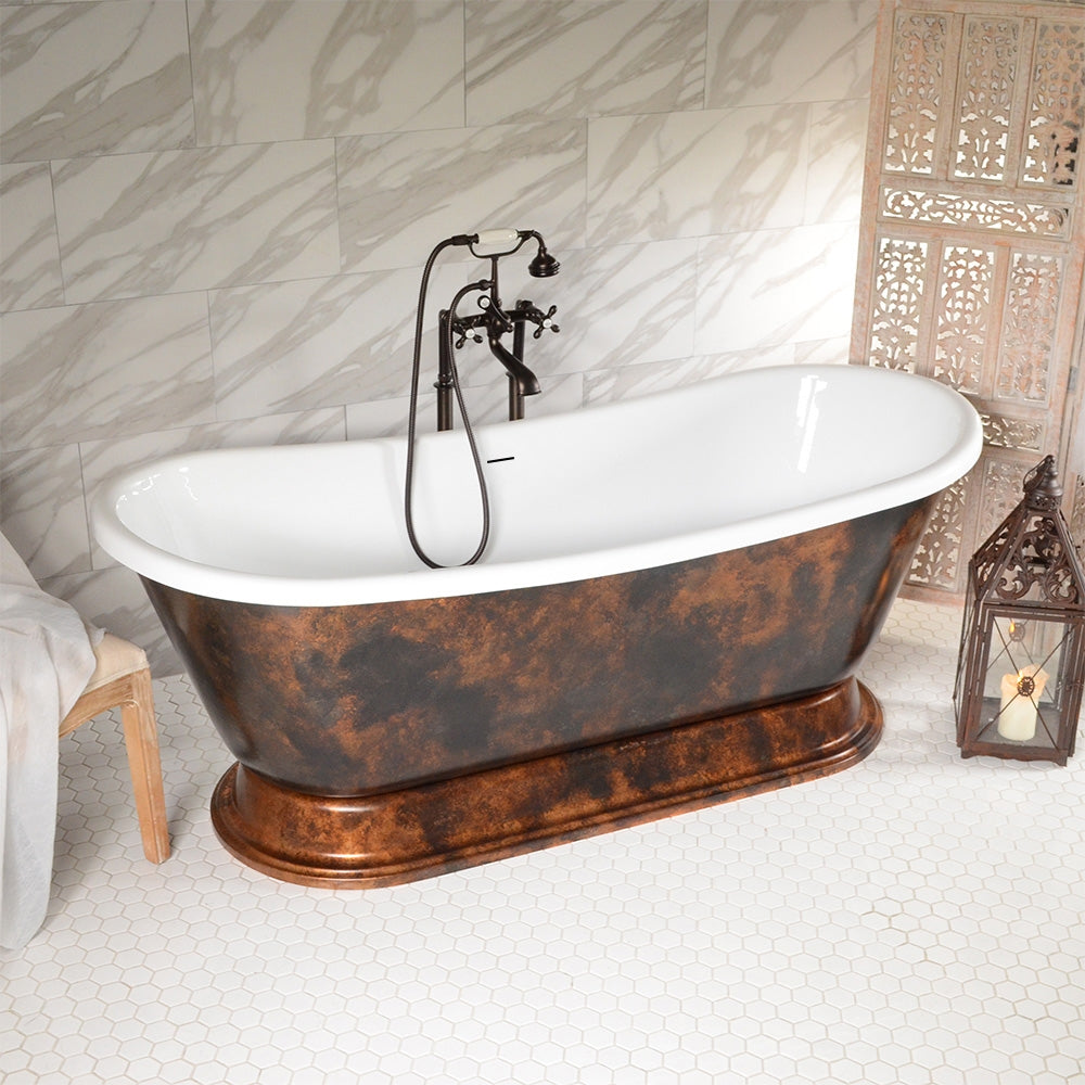 “LuxWide Calypso-DACBTPD73” 73 Inch White CoreAcryl Acrylic French Bateau Pedestal Tub with “Dark Aged Copper Leaf” Exterior Finish
