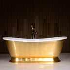 “Calypso-UGLBTPD59” 59 Inch White CoreAcryl Acrylic French Bateau Pedestal Tub with “Umber Washed Gold Leaf” Exterior Finish