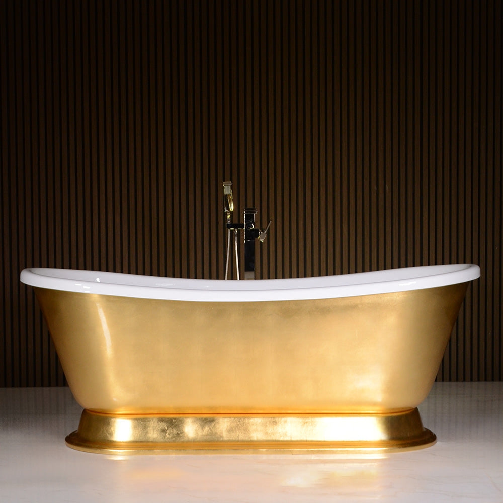“Calypso-UGLBTPD59” 59 Inch White CoreAcryl Acrylic French Bateau Pedestal Tub with “Umber Washed Gold Leaf” Exterior Finish