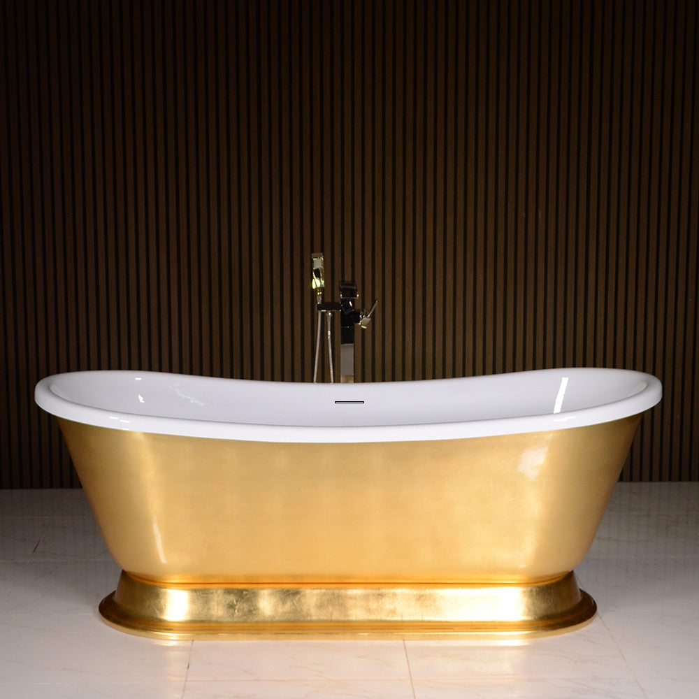 “Calypso-UGLBTPD59” 59 Inch White CoreAcryl Acrylic French Bateau Pedestal Tub with “Umber Washed Gold Leaf” Exterior Finish
