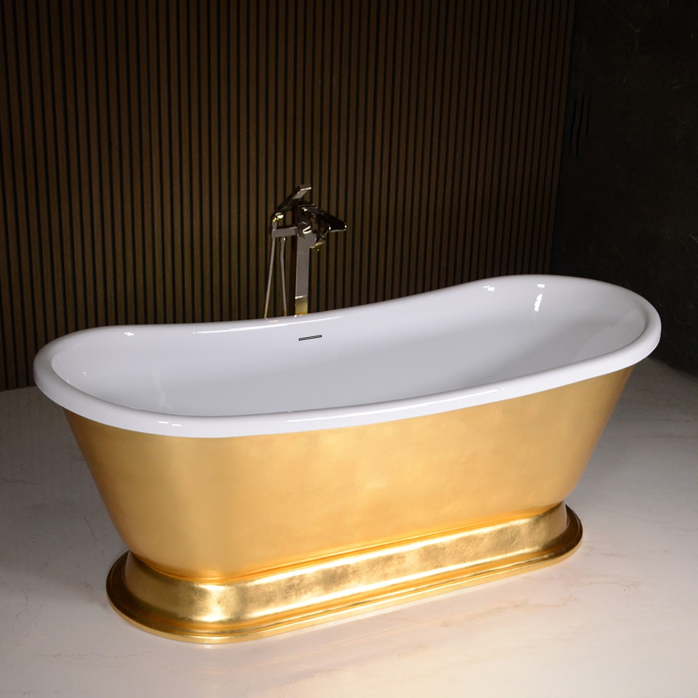 “Calypso-UGLBTPD73” 73 Inch White CoreAcryl Acrylic French Bateau Pedestal Tub with “Umber Washed Gold Leaf” Exterior Finish