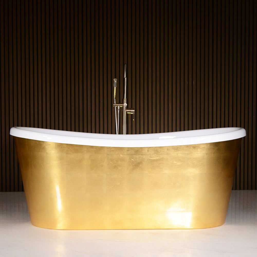 “LuxWide Calypso-UGLBTSK73” 73"  French Bateau Skirted Bathtub with “Umber Washed Gold Leaf” Exterior Finish