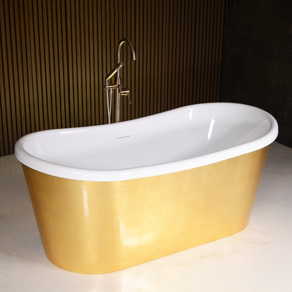 “LuxWide Calypso-UGLBTSK73” 73"  French Bateau Skirted Bathtub with “Umber Washed Gold Leaf” Exterior Finish