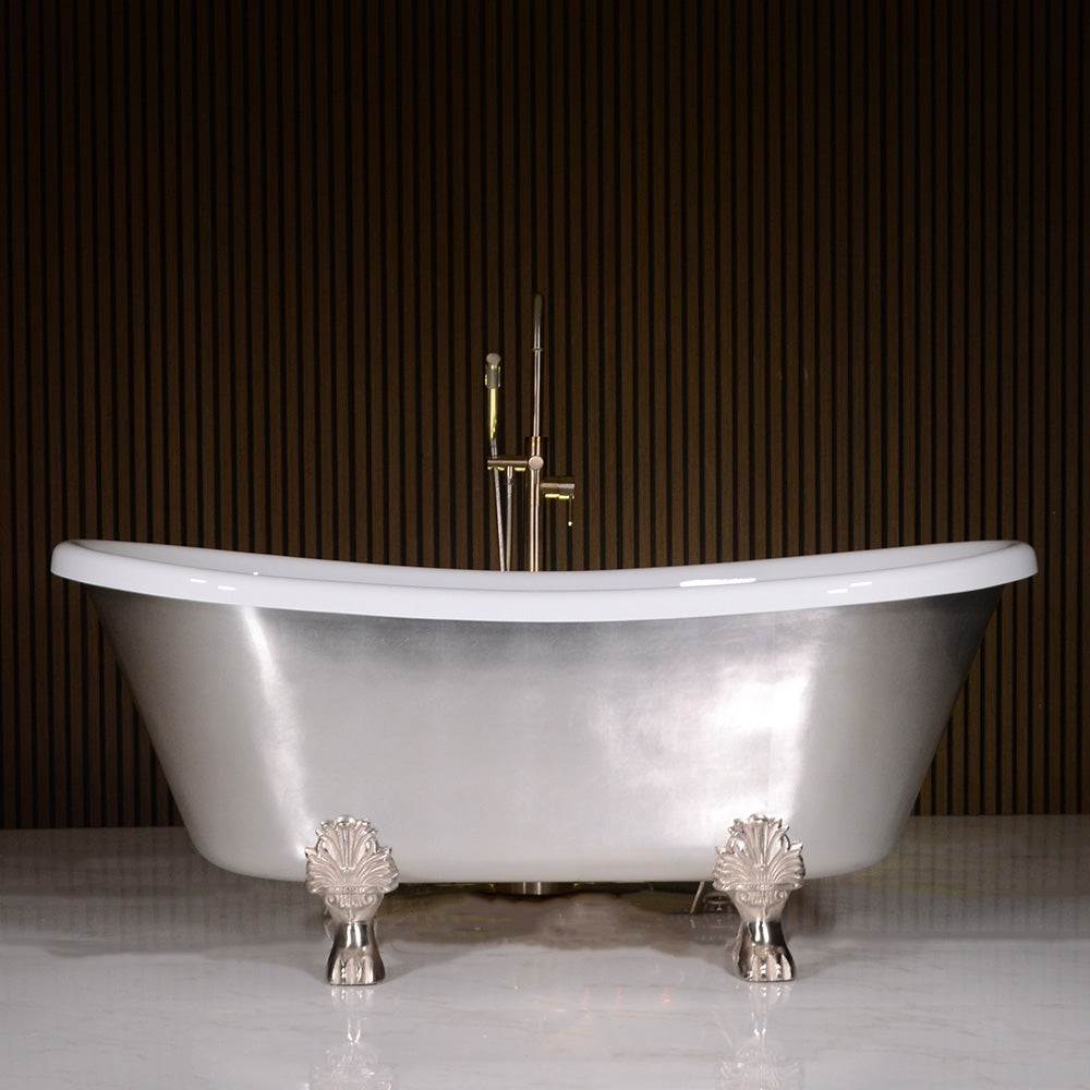 “Calypso-BTClawUSL59” 59 Inch White CoreAcryl Acrylic French Bateau Clawfoot Tub “Umber Wash Silver Leaf” Exterior