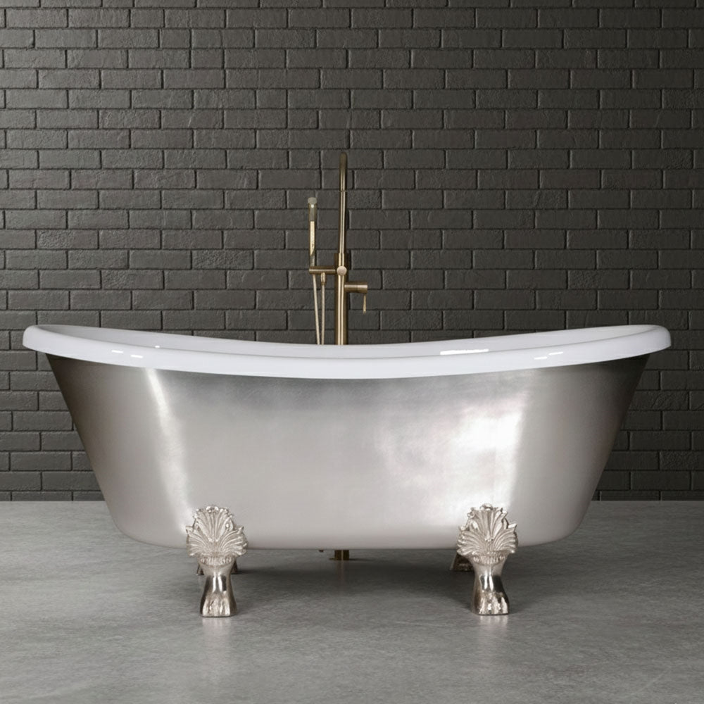 “Calypso-BTClawUSL67” 67 Inch White CoreAcryl Acrylic French Bateau Clawfoot Tub “Umber Wash Silver Leaf” Exterior