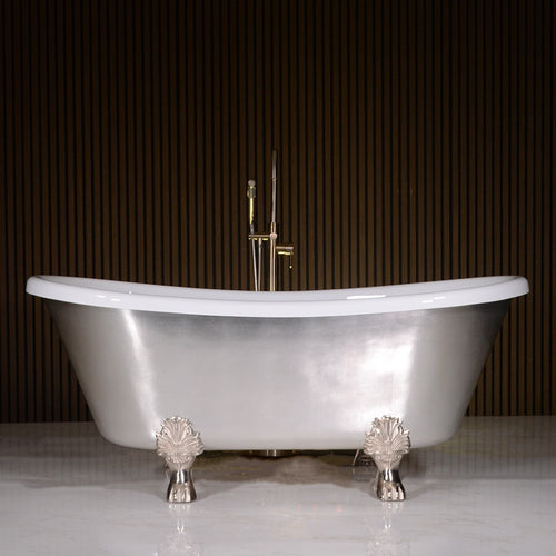 “Calypso-BTClawUSL67” 67 Inch White CoreAcryl Acrylic French Bateau Clawfoot Tub “Umber Wash Silver Leaf” Exterior