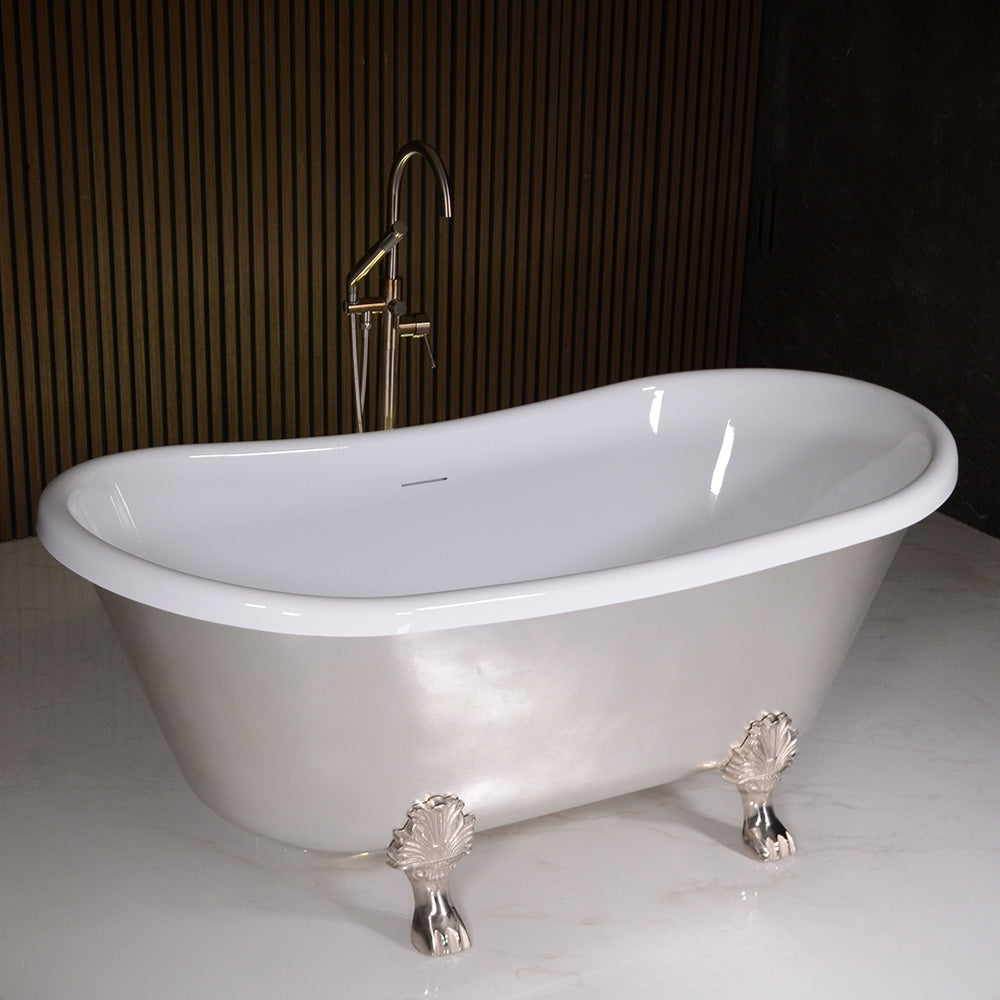 “Calypso-BTClawUSL67” 67 Inch White CoreAcryl Acrylic French Bateau Clawfoot Tub “Umber Wash Silver Leaf” Exterior