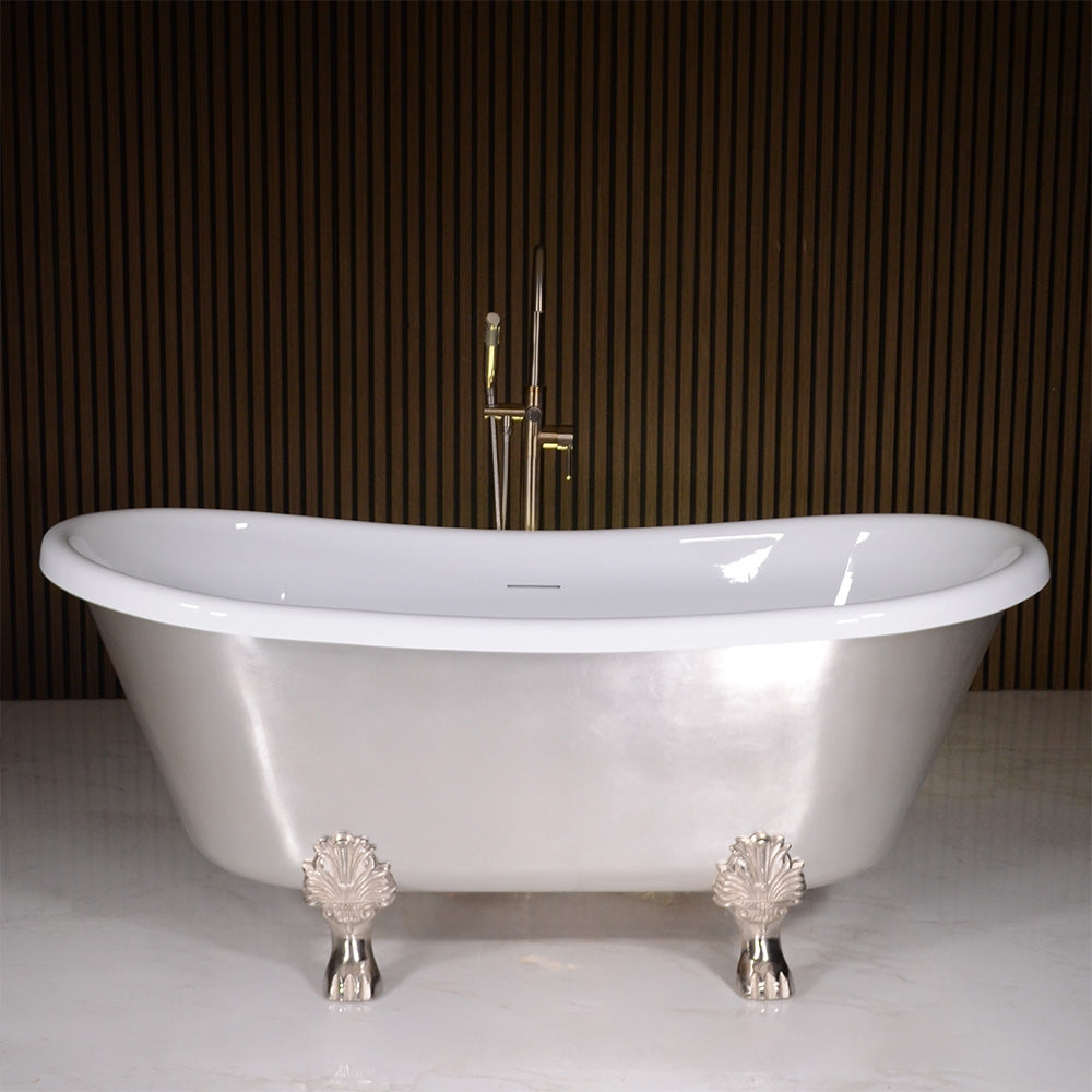“Calypso-BTClawUSL73” 73 Inch White CoreAcryl Acrylic French Bateau Clawfoot Tub “Umber Wash Silver Leaf” Exterior